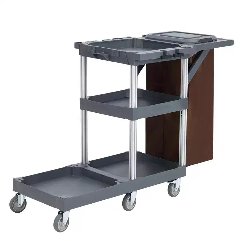 Chariot de ménage gris à 3 étagères avec sac poubelle de 60 litres, capacité de 75 kg