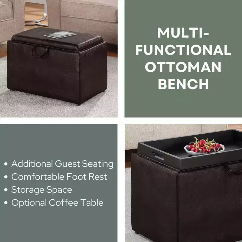 Ottoman de rangement en similicuir noir/espresso, 1 place