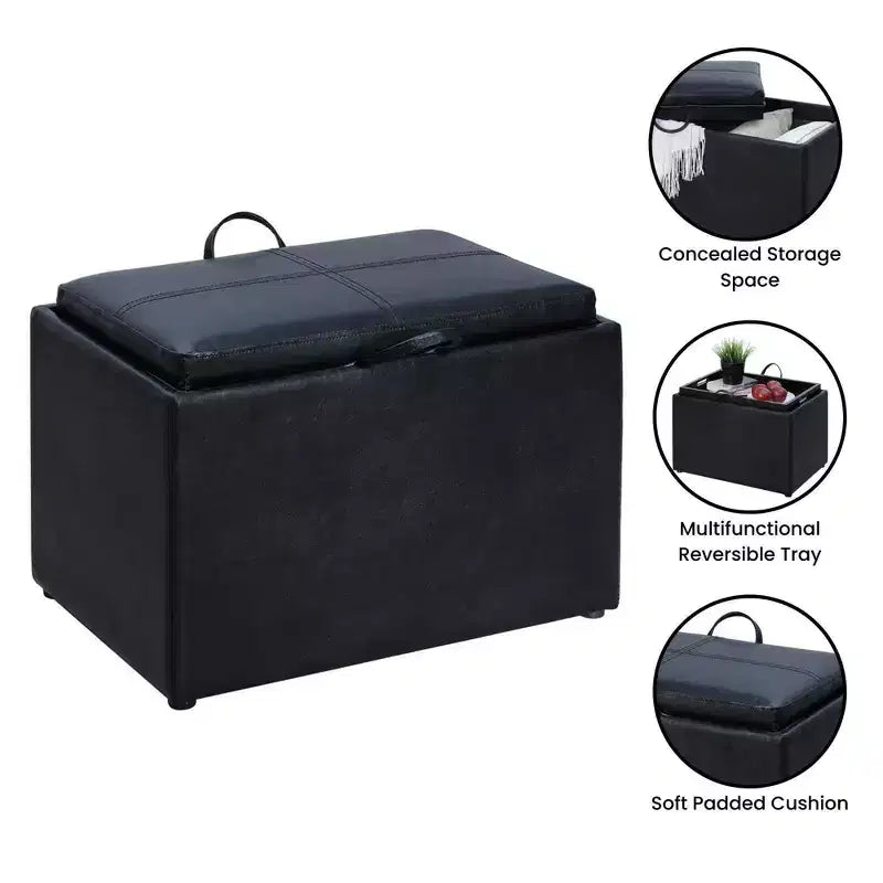 Ottoman de rangement en similicuir noir/espresso, 1 place