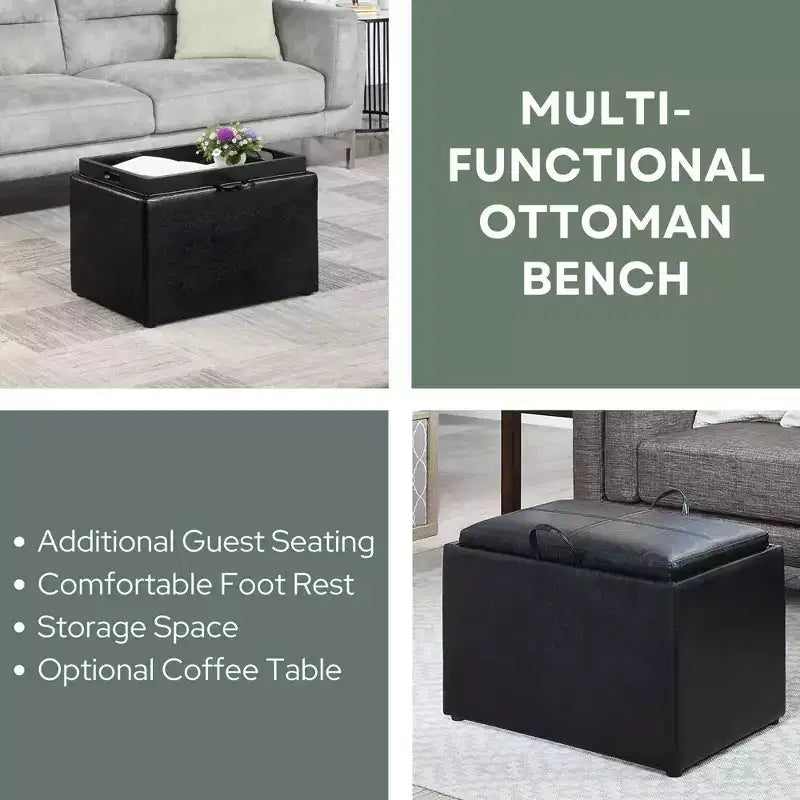 Ottoman de rangement en similicuir noir/espresso, 1 place