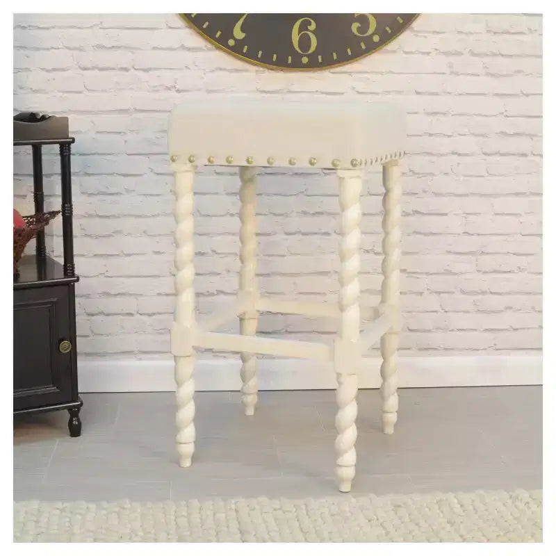 Tabouret de bar dossier bas en lin crème, assise carrée, 1 place