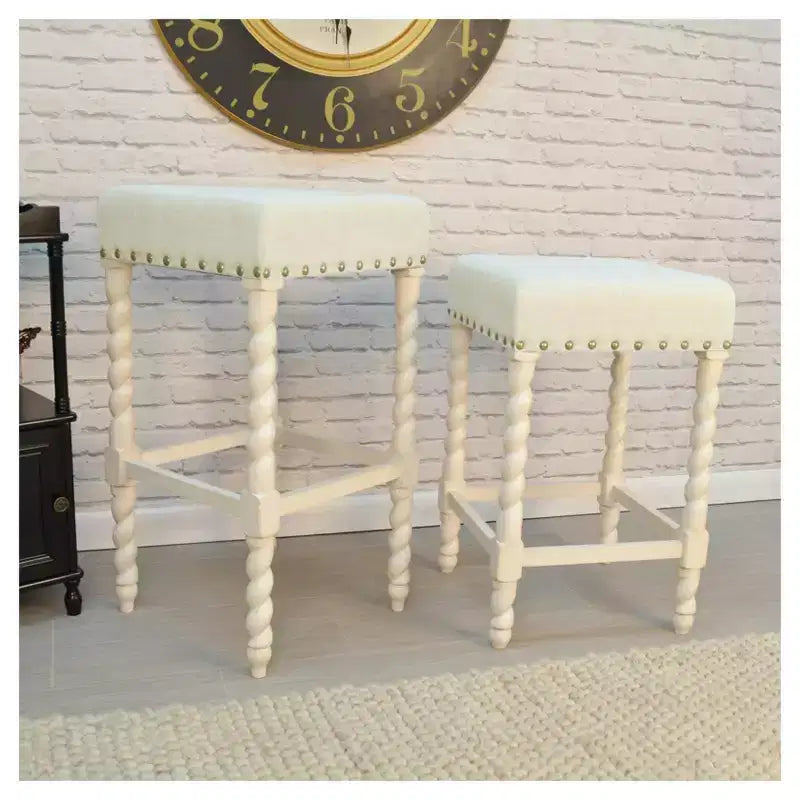 Tabouret de bar dossier bas en lin crème, assise carrée, 1 place