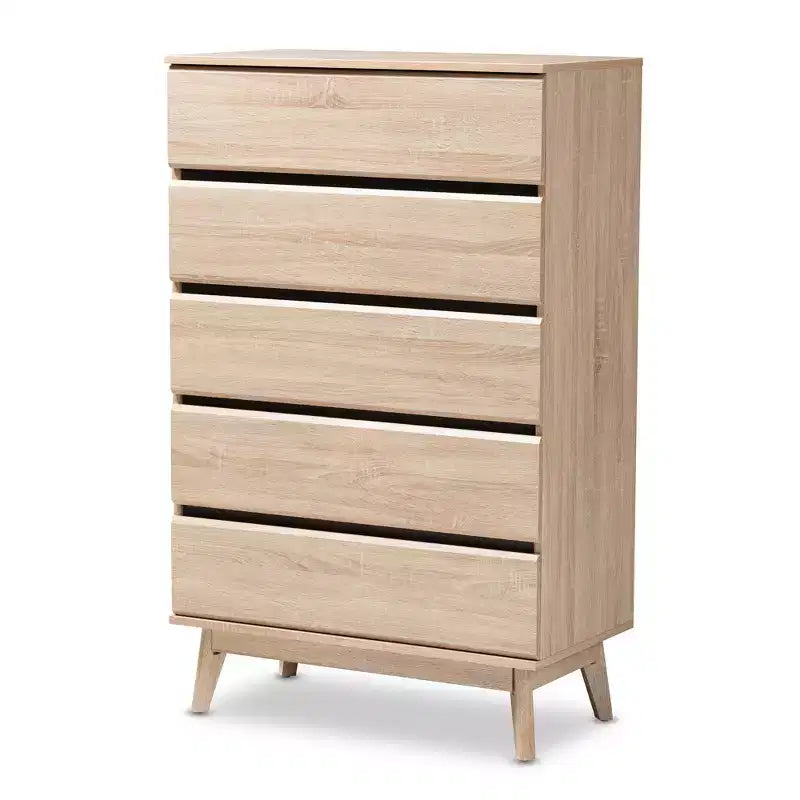Commode 5 tiroirs en chêne clair avec pieds coniques, style Mid-Century