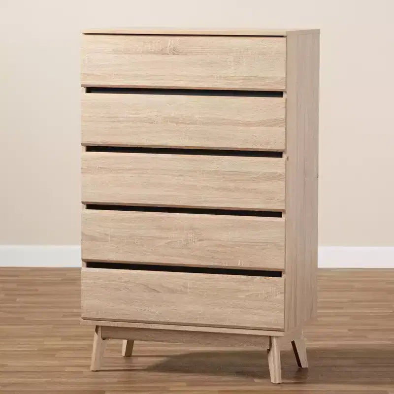 Commode 5 tiroirs en chêne clair avec pieds coniques, style Mid-Century