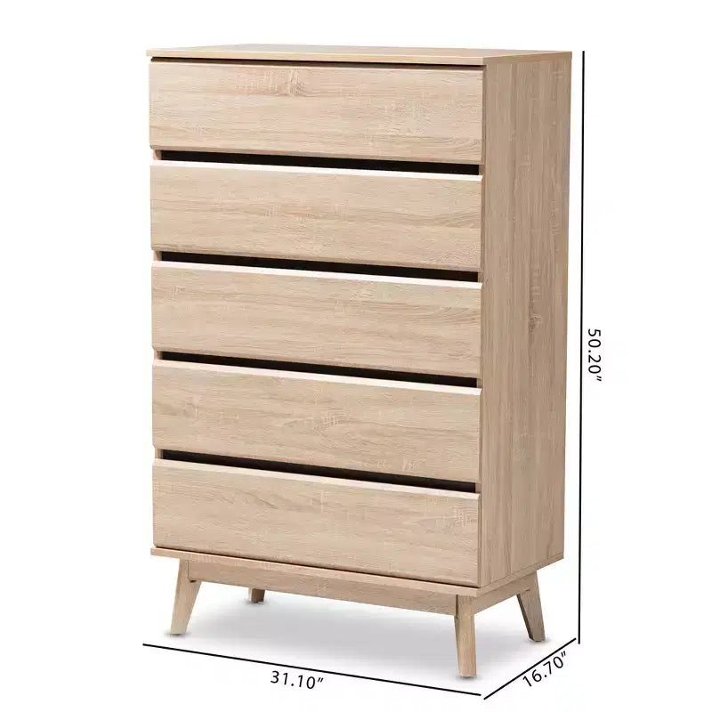 Commode 5 tiroirs en chêne clair avec pieds coniques, style Mid-Century