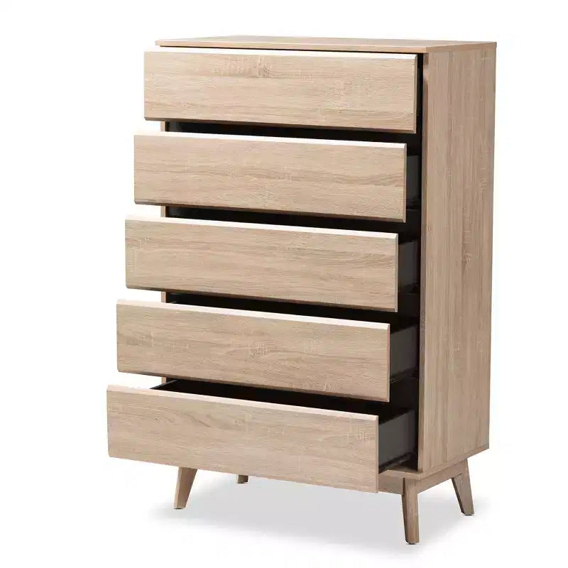 Commode 5 tiroirs en chêne clair avec pieds coniques, style Mid-Century