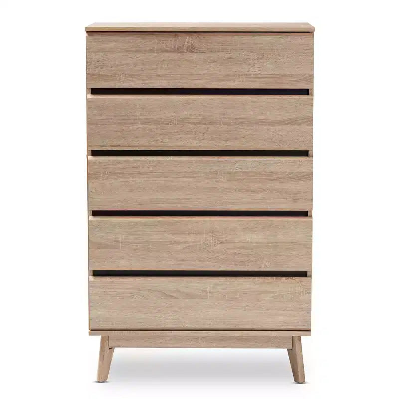 Commode 5 tiroirs en chêne clair avec pieds coniques, style Mid-Century