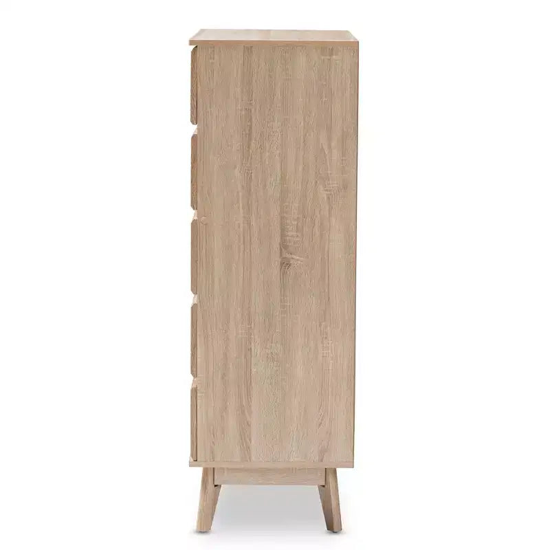 Commode 5 tiroirs en chêne clair avec pieds coniques, style Mid-Century