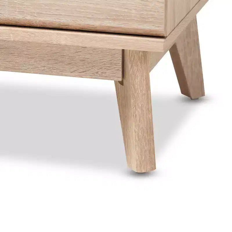 Commode 5 tiroirs en chêne clair avec pieds coniques, style Mid-Century