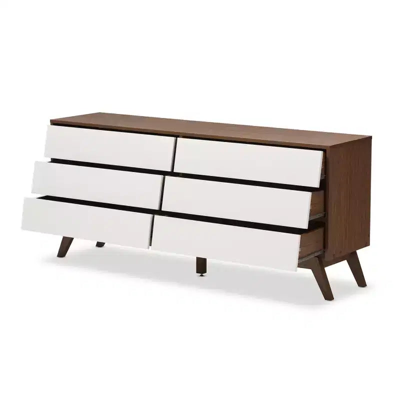 Commode 6 tiroirs marron et blanc, style Mid-Century Modern, simple