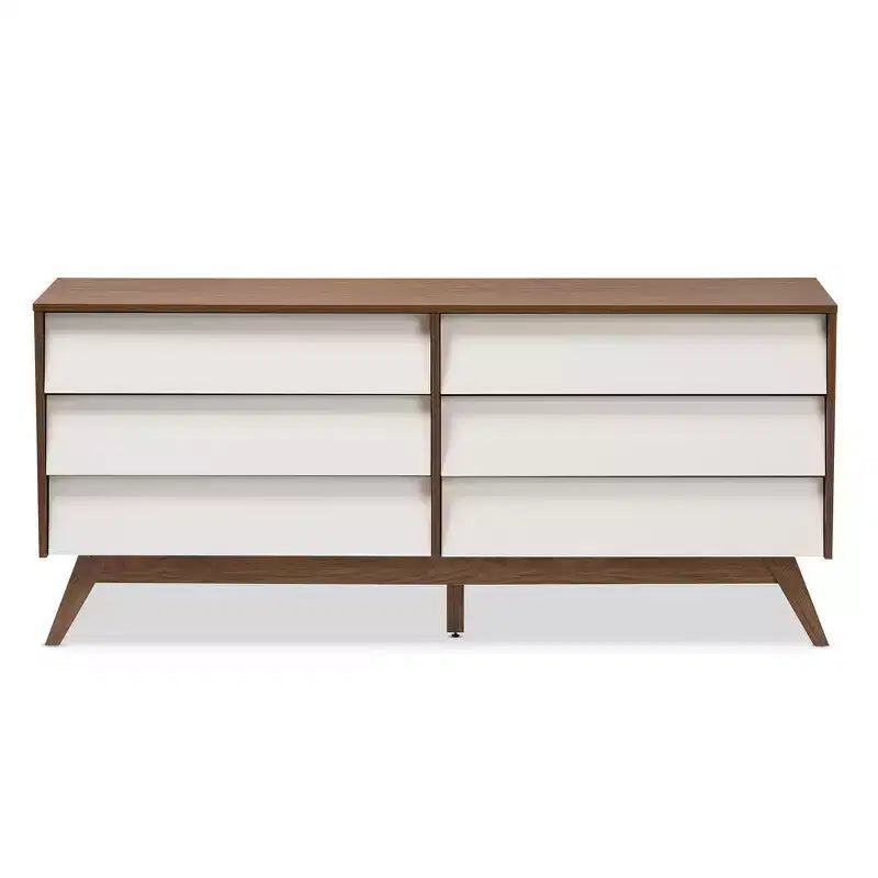 Commode 6 tiroirs marron et blanc, style Mid-Century Modern, simple
