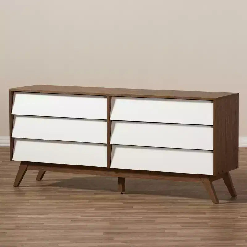 Commode 6 tiroirs marron et blanc, style Mid-Century Modern, simple