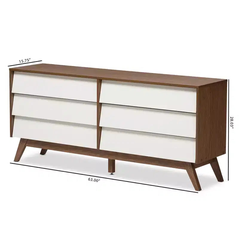 Commode 6 tiroirs marron et blanc, style Mid-Century Modern, simple