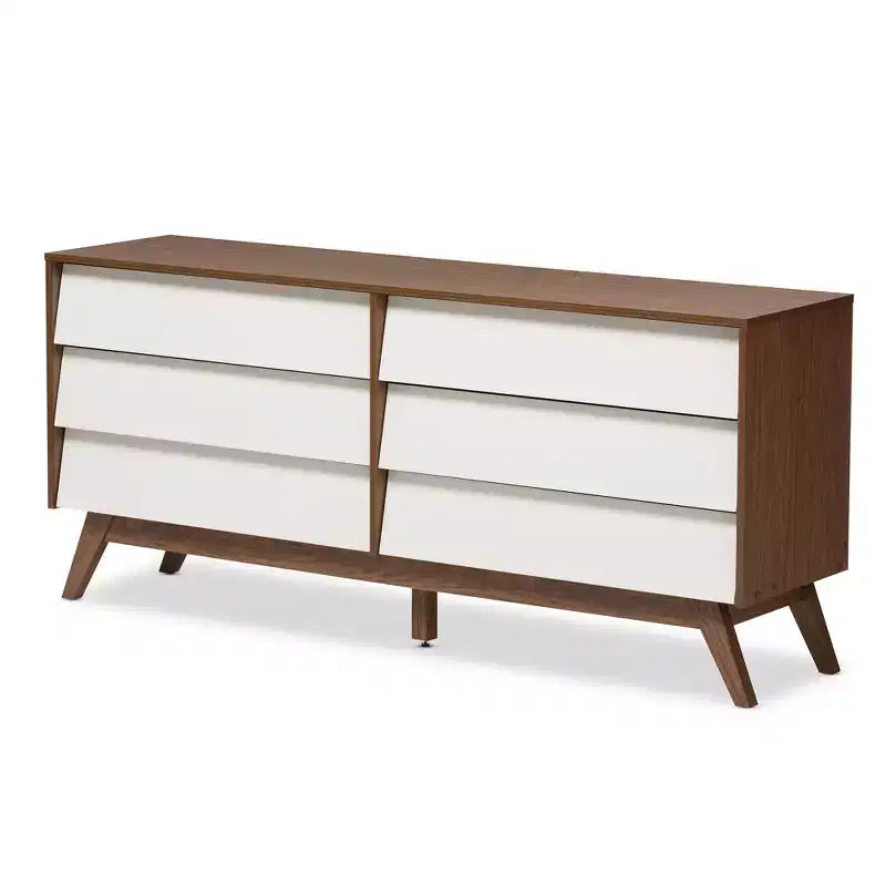Commode 6 tiroirs marron et blanc, style Mid-Century Modern, simple