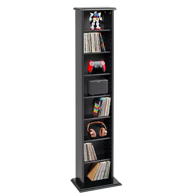 Slim Multimedia Storage Tower Black - Prepac: Modern Media Cabinet with Adjustable Shelves, Holds 160 CDs, 65 DVDs