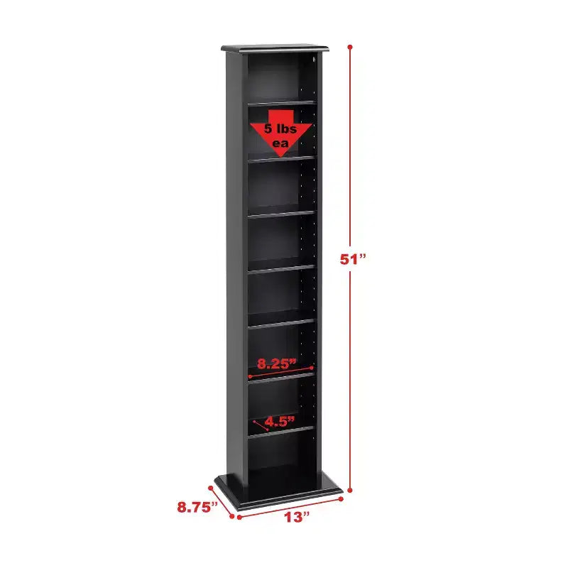 Tour de rangement multimédia noire mince, 7 étagères, 1 personne
