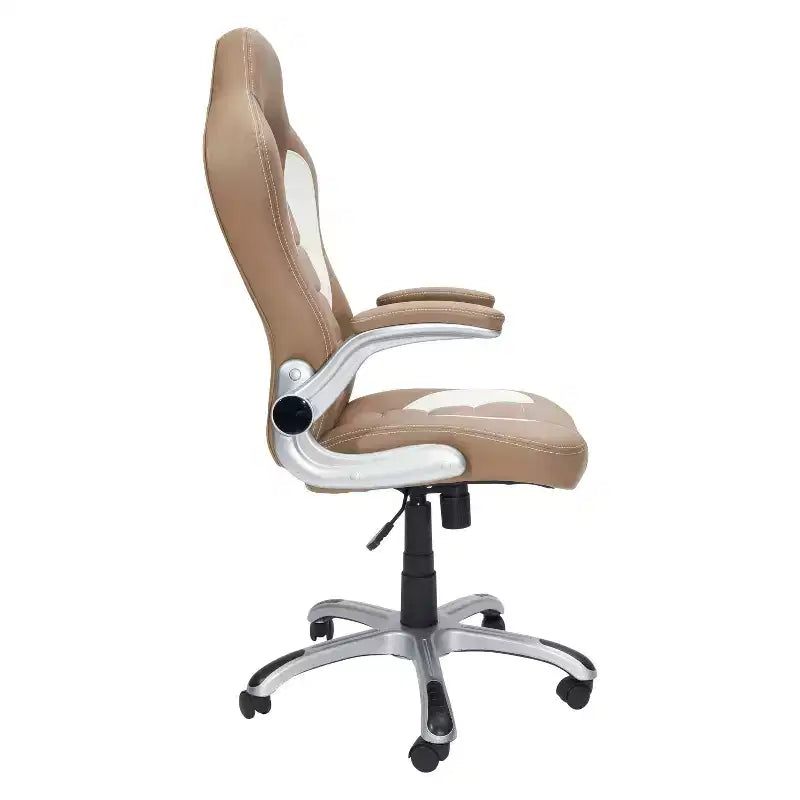 Chaise de bureau pivotante de style course, une place, coloris chameau et blanc