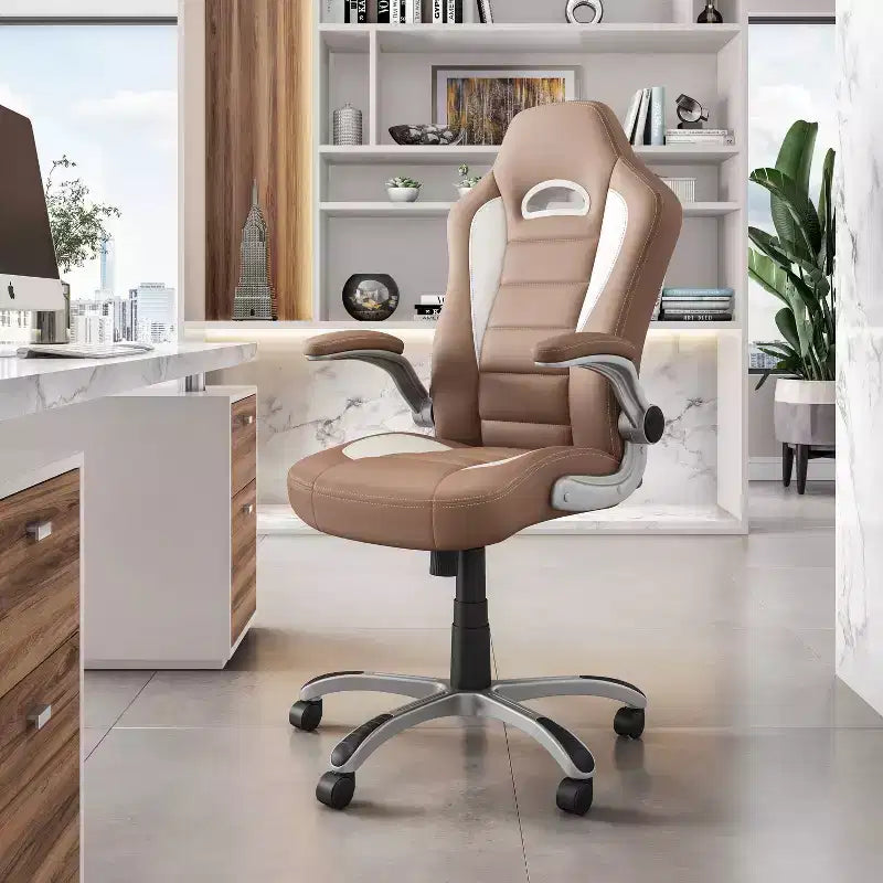 Chaise de bureau pivotante de style course, une place, coloris chameau et blanc