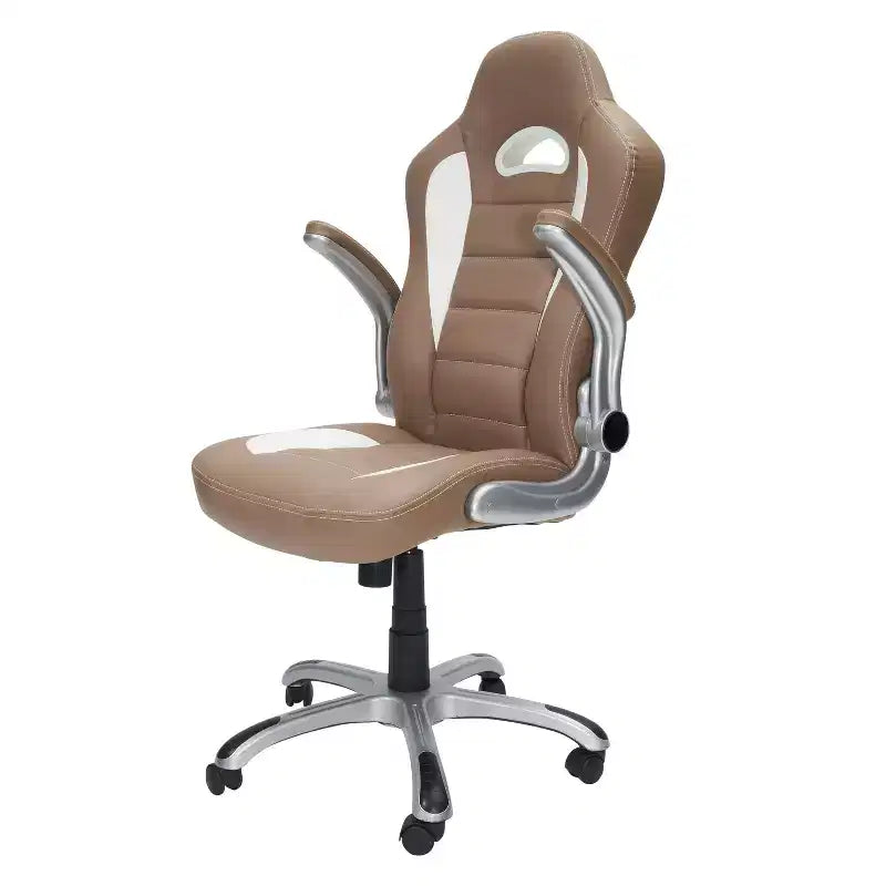 Chaise de bureau pivotante de style course, une place, coloris chameau et blanc