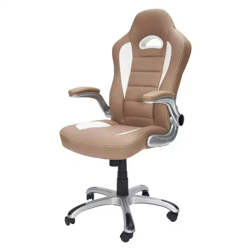 Chaise de bureau pivotante de style course, une place, coloris chameau et blanc