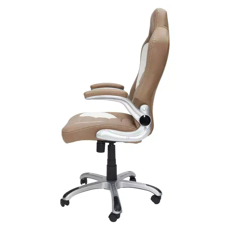 Chaise de bureau pivotante de style course, une place, coloris chameau et blanc