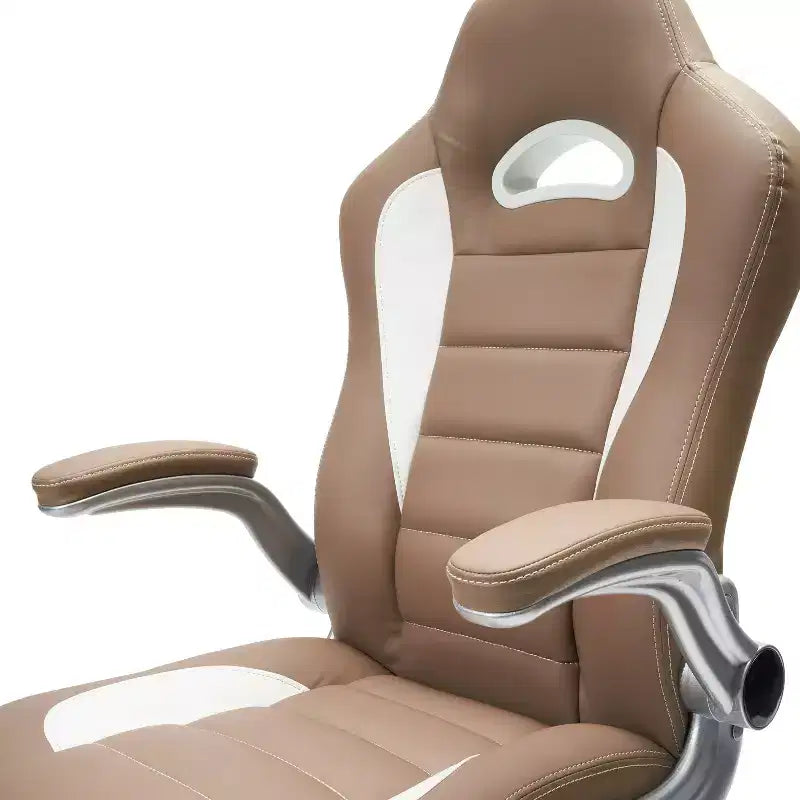 Chaise de bureau pivotante de style course, une place, coloris chameau et blanc