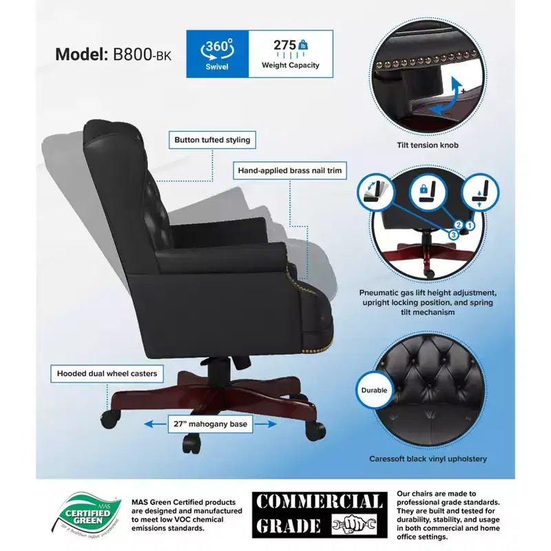 Chaise de bureau à dossier haut noire, rembourrée capitonnée, un seul siège