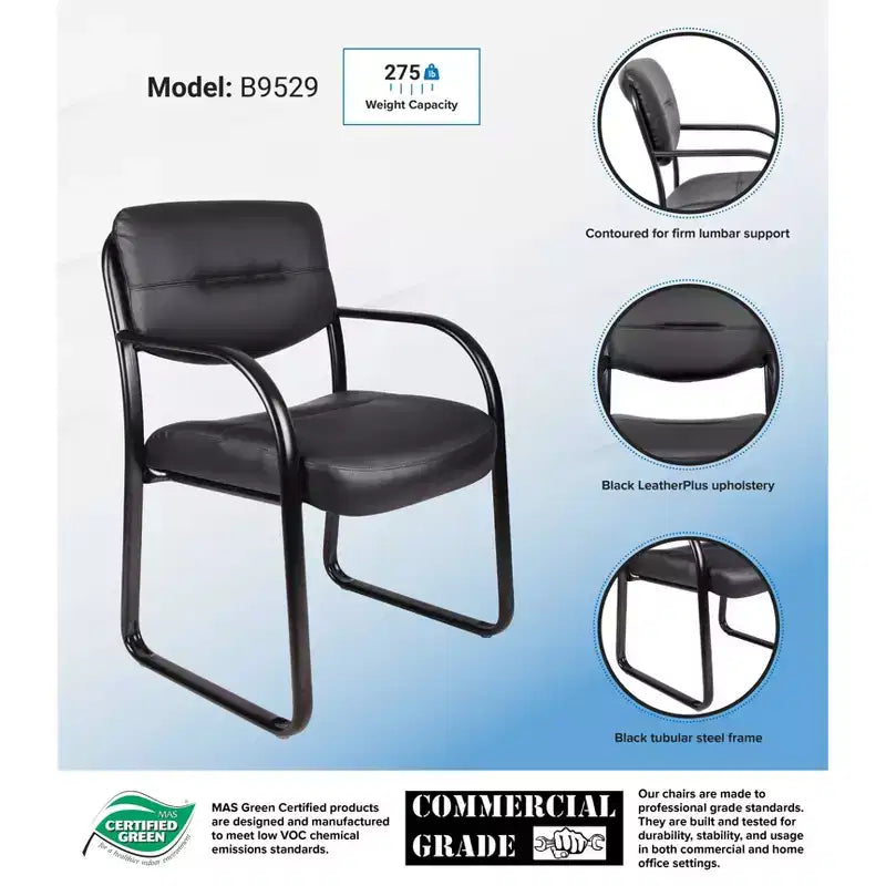 Boss Office Products Leather Sled Base Guest Chair Black: Upholstered, Metal Frame, Fixed Height