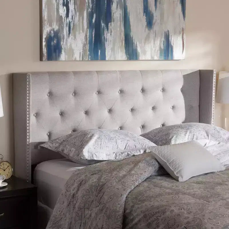 Tête de lit capitonnée ailée gris beige clair, très grand lit, 1 personne