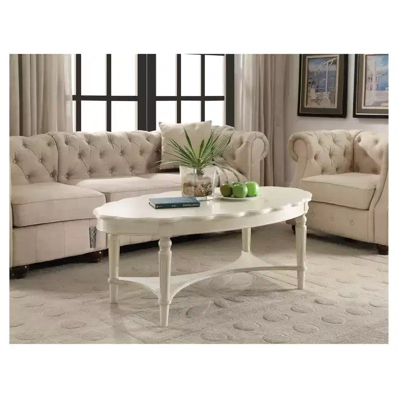 Table basse ovale blanche, finition antique, pieds en bois, 1 pièce