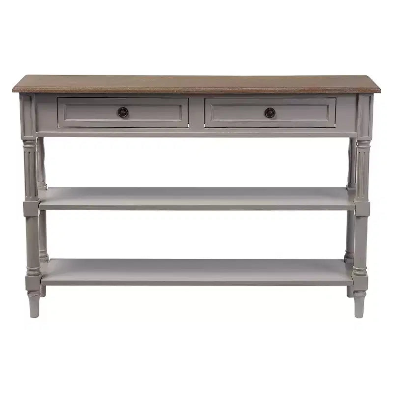 Console Table de style provincial français blanc et marron avec 2 tiroirs et 2 étagères