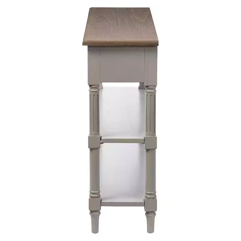 Console Table de style provincial français blanc et marron avec 2 tiroirs et 2 étagères