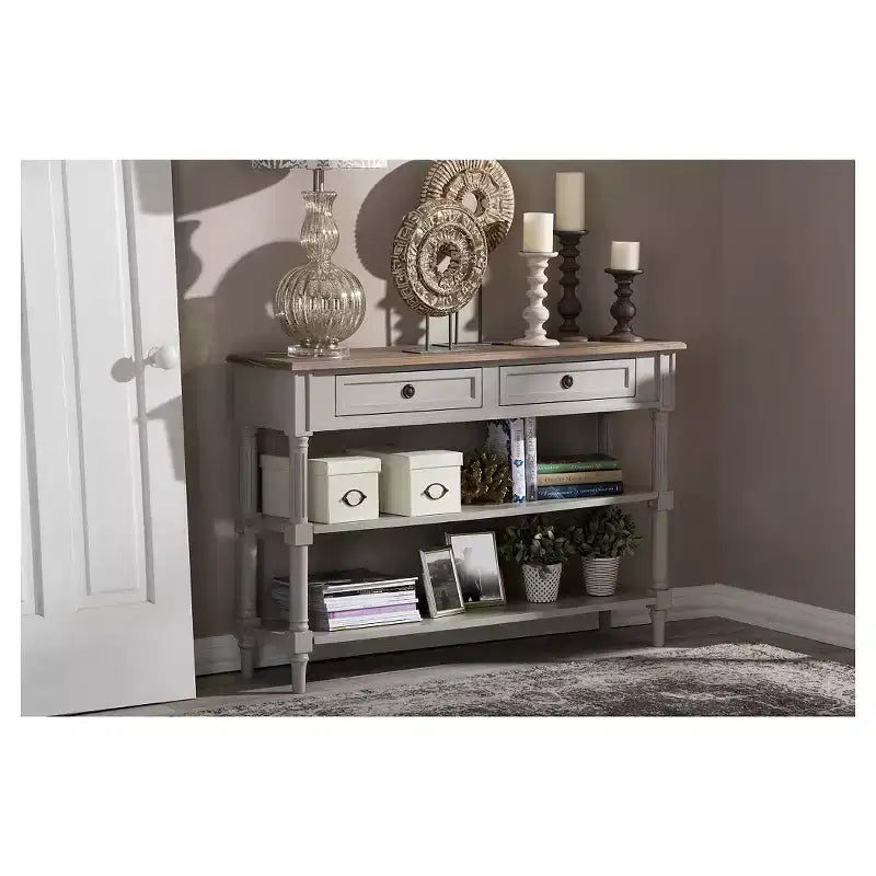 Console Table de style provincial français blanc et marron avec 2 tiroirs et 2 étagères