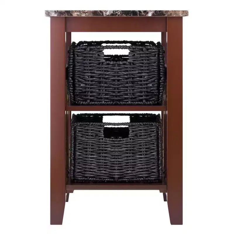 Table d'appoint avec plateau en faux marbre marron et paniers – 2 étagères, assemblage par 1 personne