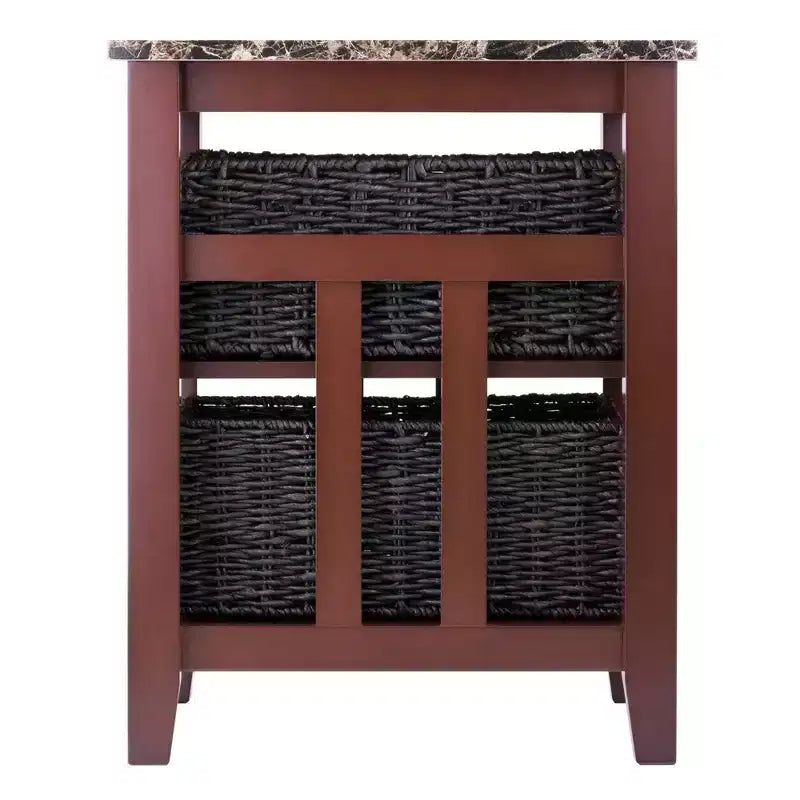 Table d'appoint avec plateau en faux marbre marron et paniers – 2 étagères, assemblage par 1 personne