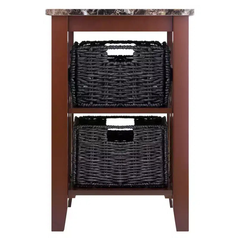 Brown Faux Marble Top Side Table with Baskets – 2-Shelf, 1-Person Assembly