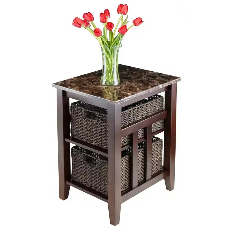 Table d'appoint avec plateau en faux marbre marron et paniers – 2 étagères, assemblage par 1 personne
