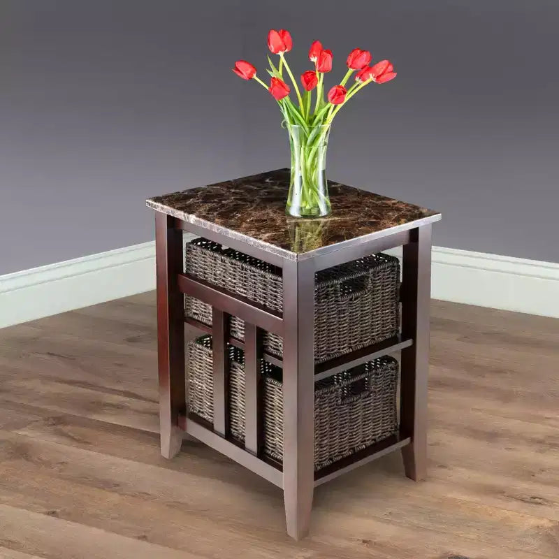 Table d'appoint avec plateau en faux marbre marron et paniers – 2 étagères, assemblage par 1 personne