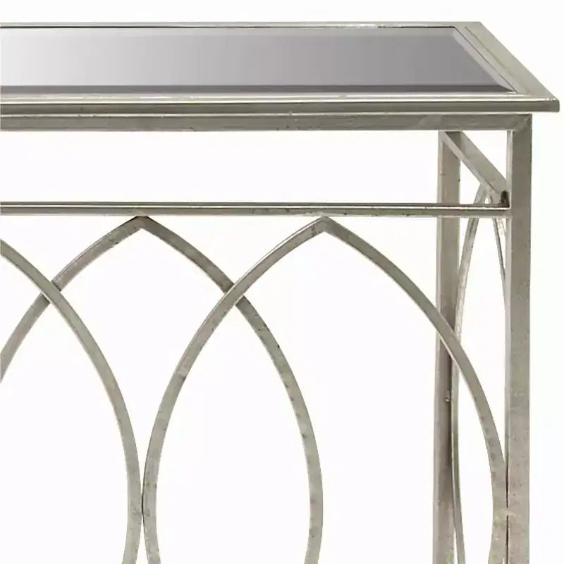 Console miroir argentée avec piètement en fer ajouré, assemblage par 1 personne