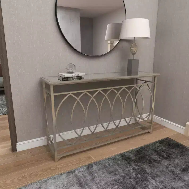Console miroir argentée avec piètement en fer ajouré, assemblage par 1 personne