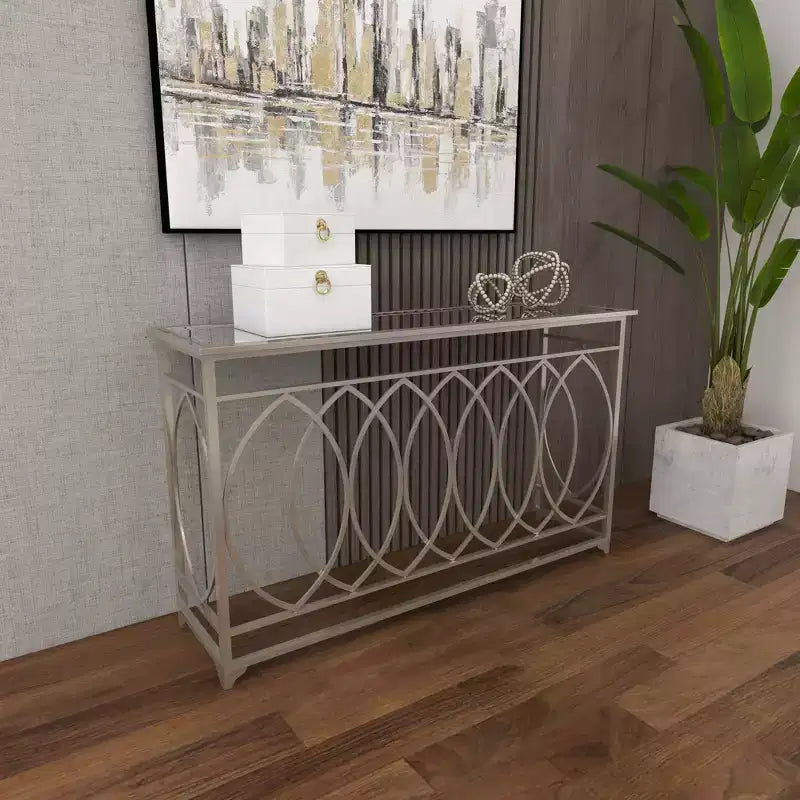 Console miroir argentée avec piètement en fer ajouré, assemblage par 1 personne