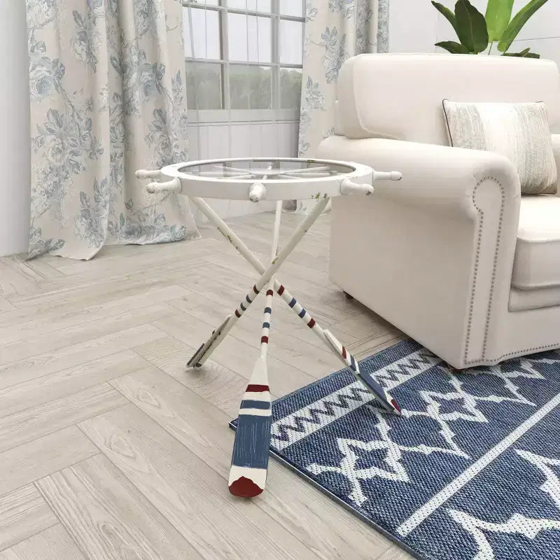 Table d'appoint ronde blanche – Style nautique côtier, plateau en verre, cadre en fer