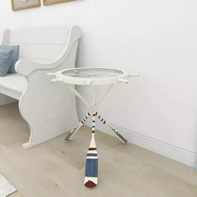 Table d'appoint ronde blanche – Style nautique côtier, plateau en verre, cadre en fer
