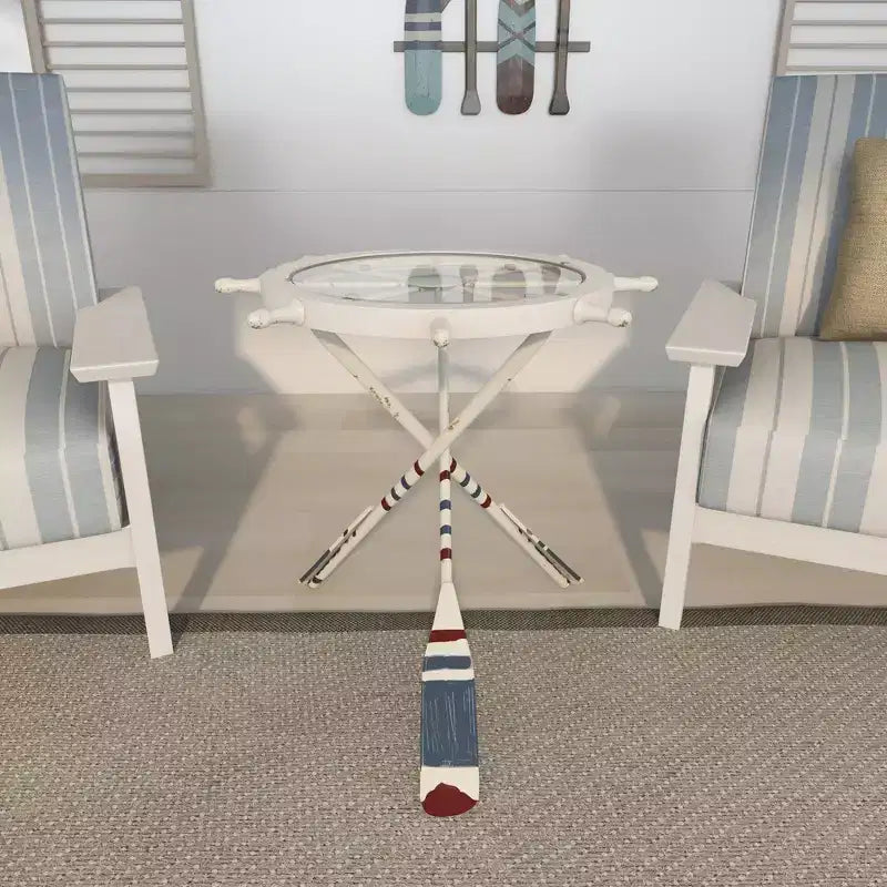 Table d'appoint ronde blanche – Style nautique côtier, plateau en verre, cadre en fer
