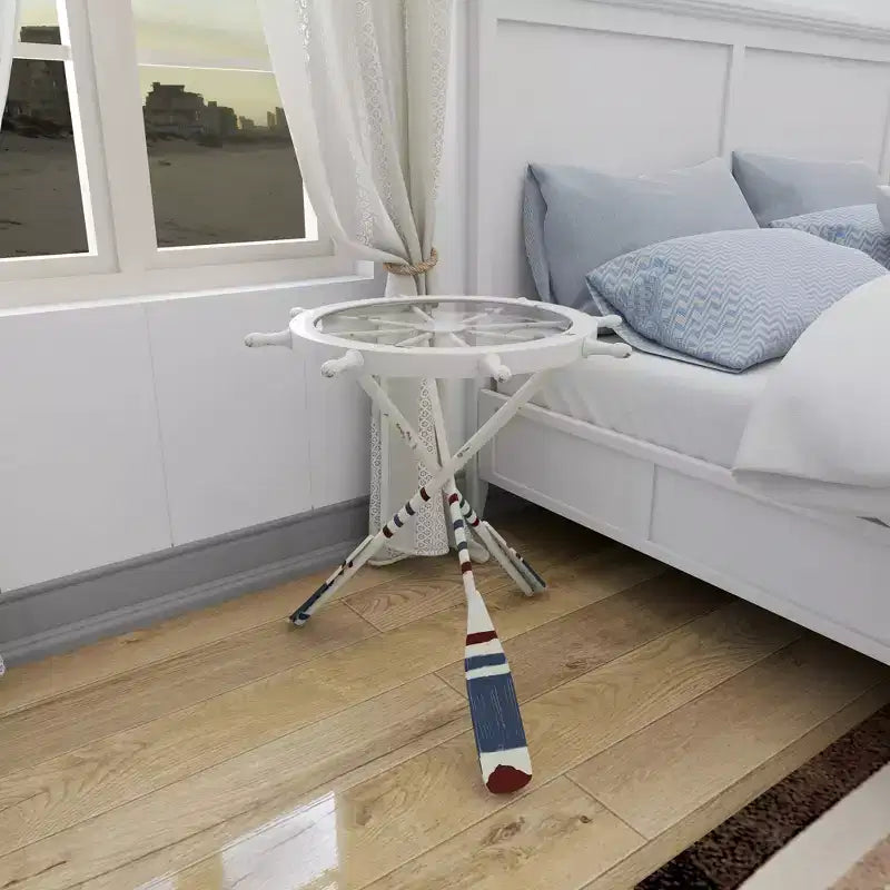 Table d'appoint ronde blanche – Style nautique côtier, plateau en verre, cadre en fer
