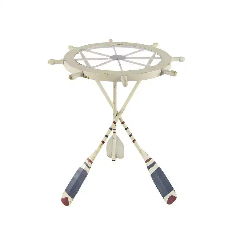 Table d'appoint ronde blanche – Style nautique côtier, plateau en verre, cadre en fer