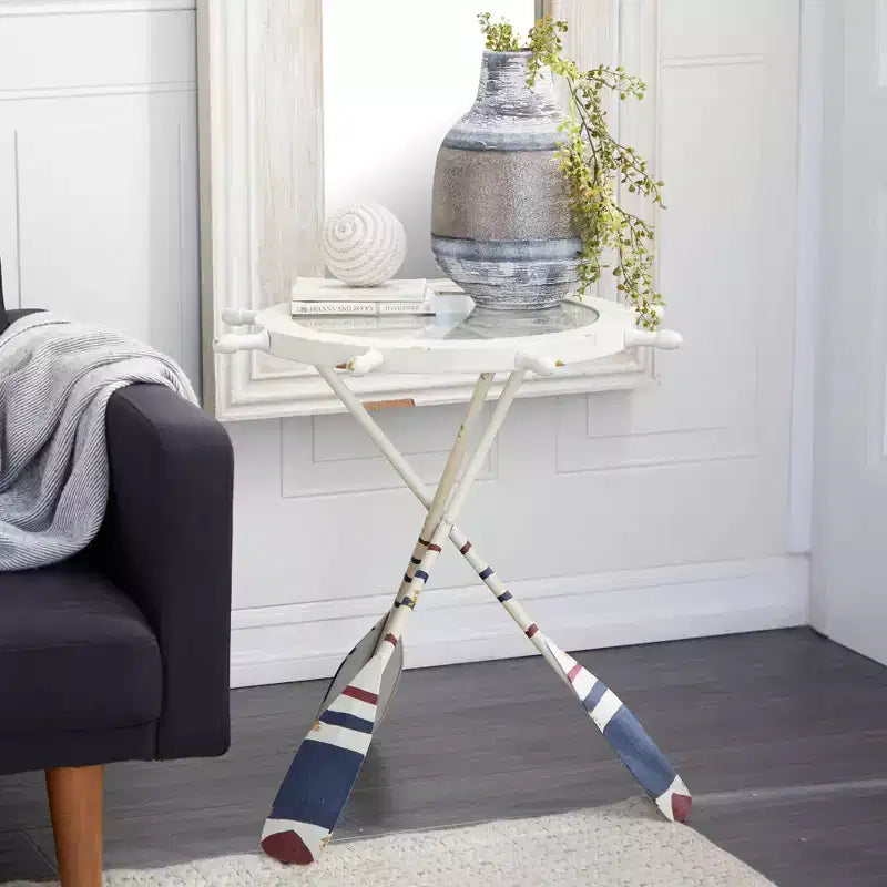 Table d'appoint ronde blanche – Style nautique côtier, plateau en verre, cadre en fer