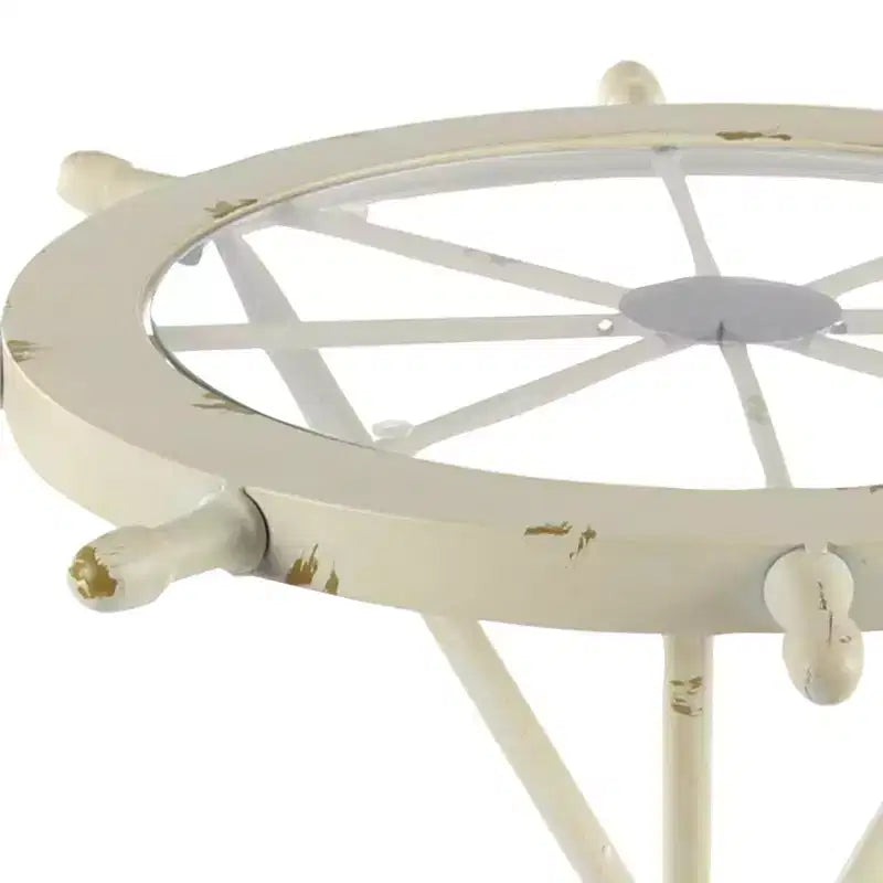 Table d'appoint ronde blanche – Style nautique côtier, plateau en verre, cadre en fer