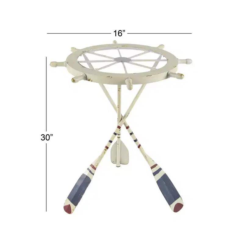 Table d'appoint ronde blanche – Style nautique côtier, plateau en verre, cadre en fer