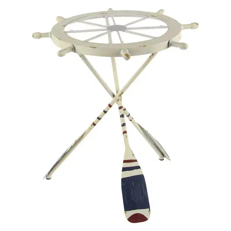 Table d'appoint ronde blanche – Style nautique côtier, plateau en verre, cadre en fer